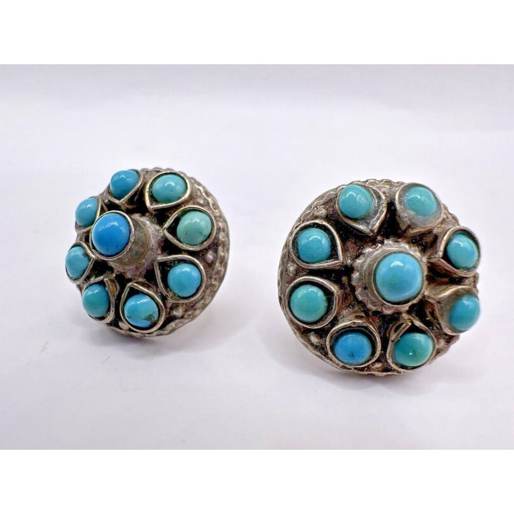 Vintage Sterling Silver & Turquoise Post-back Earrings Petit Point Southwest MEX